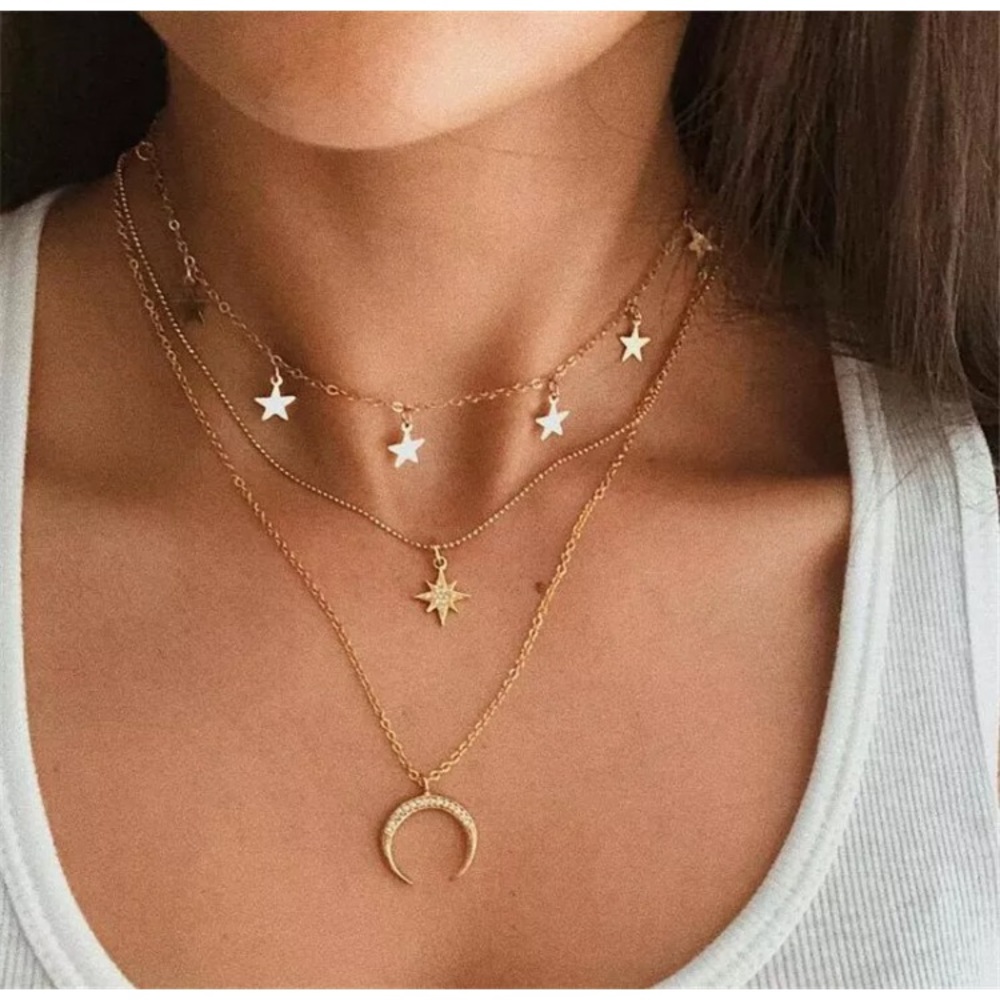 NEW! STAR DETAIL CRESCENT MOON MULTILAYER NECKLACE